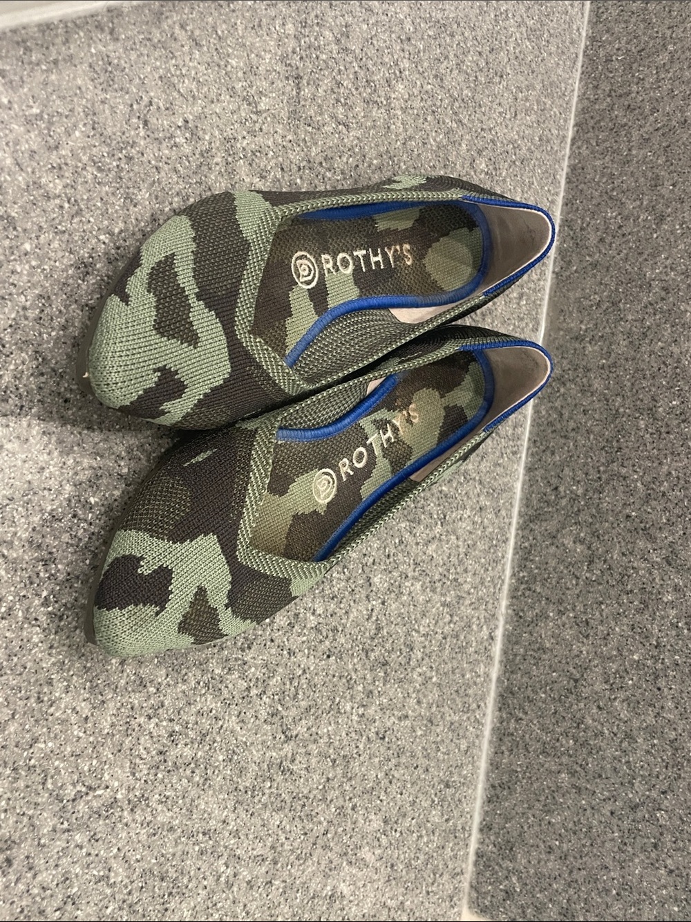 Rothy's Green Camo Knit Slip-Ons with Blue Trim